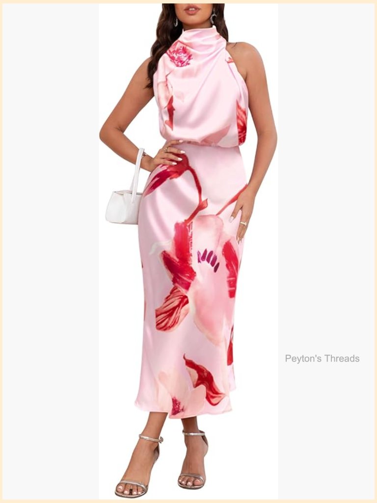 Elegant Satin Formal Maxi Dress Mock Neck Sleeveless Wedding Guest